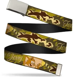 Chrome Buckle Web Belt - TOM & JERRY Tom Chasing Jerry Houndstooth Browns Webbing