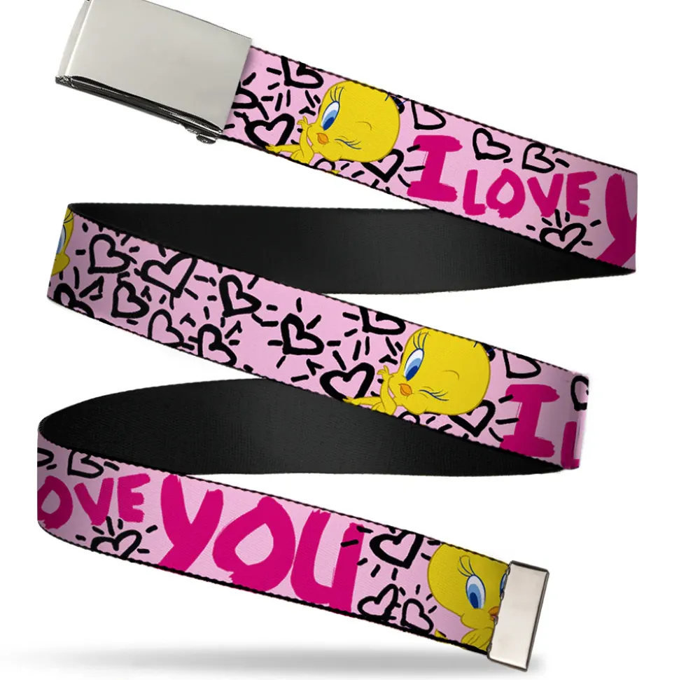 Chrome Buckle Web Belt - Tweety Bird I LOVE YOU Pink/Black Webbing