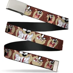 Chrome Buckle Web Belt - Tasmanian Devil Expressions Brown Webbing