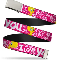 Chrome Buckle Web Belt - Tweety Bird I LOVE YOU Fuchsia/White Webbing