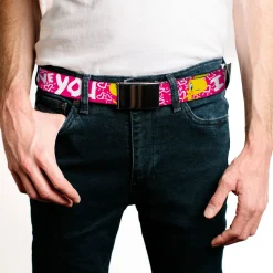 Chrome Buckle Web Belt - Tweety Bird I LOVE YOU Fuchsia/White Webbing