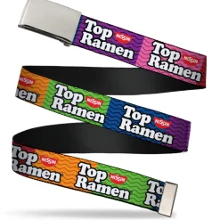 Chrome Buckle Web Belt - TOP RAMEN Noodle Wave Blocks Multi Color/Black/White Webbing