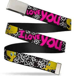 Chrome Buckle Web Belt - Tweety Bird I LOVE YOU Black/White/Pink Webbing