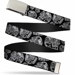 Chrome Buckle Web Belt - The Dust of Living II Sugar Skulls Black/White Webbing