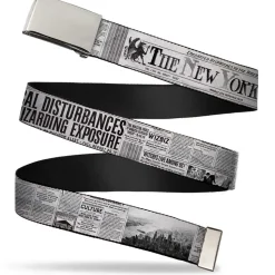 Chrome Buckle Web Belt - THE NEW YORK GHOST Newspaper Headlines White/Grays/Black Webbing