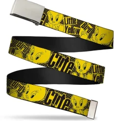 Chrome Buckle Web Belt - Tweety Bird Poses CUTE LITTLE YELLOW BIRD Yellow/Black Webbing