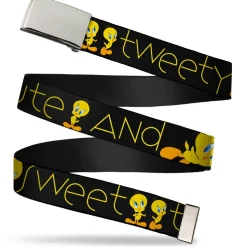 Chrome Buckle Web Belt - Tweety Bird Poses CUTE AND SWEET Black/Yellow Webbing