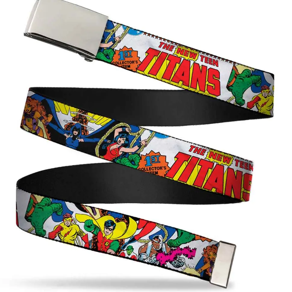 Chrome Buckle Web Belt - THE NEW TEEN TITANS Issue #1 Superhero Cover Poses White Webbing