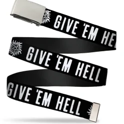 Chrome Buckle Web Belt - Winchester Pentagram GIVE 'EM HELL Black/White Webbing