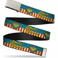 Chrome Buckle Web Belt - WONDER WOMAN/Logo Americana Red/White/Blue/Yellow Webbing