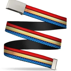 Chrome Buckle Web Belt - Wonder Woman Stripe/Stars Red/Gold/Blue/White Webbing