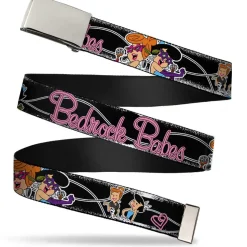 Chrome Buckle Web Belt - Wilma & Betty Glam Poses BEDROCK BABES Black/Pink Webbing