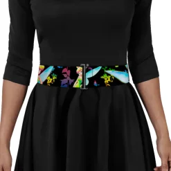 Cinch Waist Belt - Glowing Tinker Bell Poses Butterflies & Flowers Black Multi Neon
