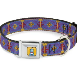 Classic Aladdin Genie Smiling Expression Full Color Yellow Seatbelt Buckle Collar - Classic Aladdin Magic Carpet Tapestry Blue/Purple/Gold/Red