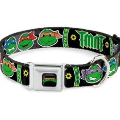 Classic TEENAGE MUTANT NINJA TURTLES Logo Seatbelt Buckle Collar - Classic Teenage Mutant Ninja Turtles Group Faces/TMNT/Ninja Star Black/Green