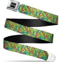 Classic TEENAGE MUTANT NINJA TURTLES Logo Seatbelt Belt - Teenage Mutant Ninja Turtles Faces Stacked Green/Multi Color Webbing