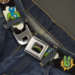 Classic TEENAGE MUTANT NINJA TURTLES Logo Seatbelt Belt - Teenage Mutant Ninja Turtles Faces and Icons Black/Multi Color Webbing