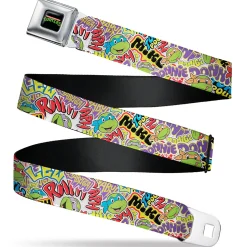 Classic TEENAGE MUTANT NINJA TURTLES Logo Seatbelt Belt - Teenage Mutant Ninja Turtles Sticker Slaps Collage White/Multi Color Webbing
