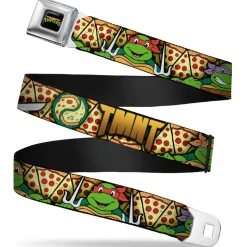 Classic TMNT Logo Full Color Seatbelt Belt - Classic Teenage Mutant Ninja Turtles Turtle Poses/Pizza Slices Webbing