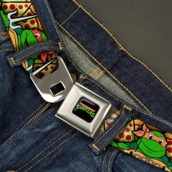 Classic TMNT Logo Full Color Seatbelt Belt - Classic Teenage Mutant Ninja Turtles Turtle Poses/Pizza Slices Webbing