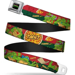 Classic TMNT Logo Full Color Seatbelt Belt - Classic TMNT 4-Turtles Pizza Party Stripe Red/Green Webbing