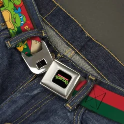 Classic TMNT Logo Full Color Seatbelt Belt - Classic TMNT 4-Turtles Pizza Party Stripe Red/Green Webbing