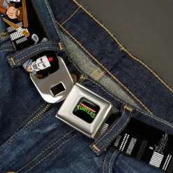 Classic TMNT Logo Full Color Seatbelt Belt - Casey Jones Action Poses/Skyline Black/White Webbing