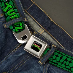 Classic TMNT Logo Full Color Seatbelt Belt - Classic Teenage Mutant Ninja Turtles Group Faces/TURTLES Turtle Shell Black/Green Webbing