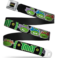 Classic TMNT Logo Full Color Seatbelt Belt - Classic Teenage Mutant Ninja Turtles Group Faces/TMNT/Ninja Star Black/Green Webbing