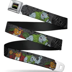 Classic TMNT Logo Full Color Seatbelt Belt - TMNT Rocksteady & Bebop Poses Bricks Gray/Black Webbing