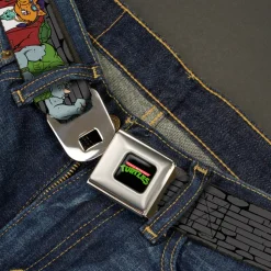 Classic TMNT Logo Full Color Seatbelt Belt - TMNT Rocksteady & Bebop Poses Bricks Gray/Black Webbing