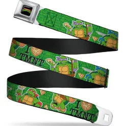 Classic TMNT Logo Full Color Seatbelt Belt - I "HEART" TMNT/Classic Turtles & Pizza Green Webbing