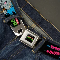 Classic TMNT Logo Full Color Seatbelt Belt - TMNT BEBOP AND ROCKSTEADY Back-to-Back Pose Splatter Blue/Black/Pink Webbing