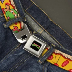 Classic TMNT Logo Full Color Seatbelt Belt - Classic Teenage Mutant Ninja Turtles 4-Turtle Faces Pepperoni Pizza/Turtles Pose16 Webbing