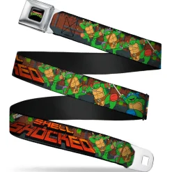 Classic TMNT Logo Full Color Seatbelt Belt - Classic Teenage Mutant Ninja Turtles Turtles Pose15 SHELL SHOCKED Brick Wall/Splatter Webbing
