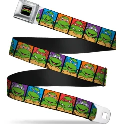 Classic TMNT Logo Full Color Seatbelt Belt - Classic Teenage Mutant Ninja Turtles Face Blocks Black/Multi Color Webbing