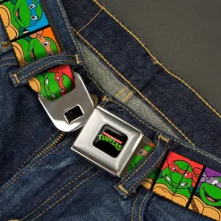 Classic TMNT Logo Full Color Seatbelt Belt - Classic Teenage Mutant Ninja Turtles Face Blocks Black/Multi Color Webbing