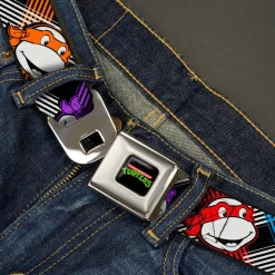 Classic TMNT Logo Full Color Seatbelt Belt - Classic Teenage Mutant Ninja Turtles Masked Faces/Stripes Black/White/Multi Color Webbing