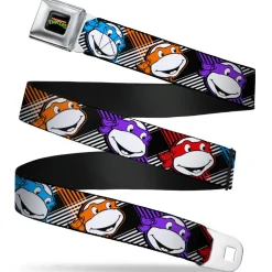 Classic TMNT Logo Full Color Seatbelt Belt - Classic Teenage Mutant Ninja Turtles Masked Faces/Stripes Black/White/Multi Color Webbing