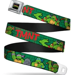 Classic TMNT Logo Full Color Seatbelt Belt - Classic Teenage Mutant Ninja Turtles Group Pose2/TMNT Green Brick Wall Webbing
