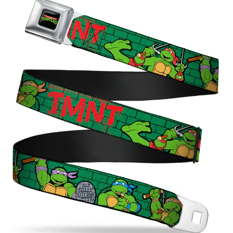 Classic TMNT Logo Full Color Seatbelt Belt - Classic Teenage Mutant Ninja Turtles Group Pose2/TMNT Green Brick Wall Webbing
