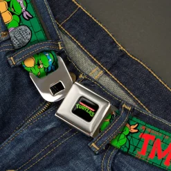 Classic TMNT Logo Full Color Seatbelt Belt - Classic Teenage Mutant Ninja Turtles Group Pose2/TMNT Green Brick Wall Webbing