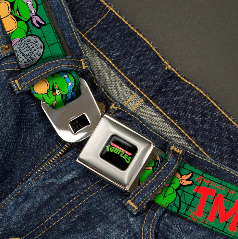 Classic TMNT Logo Full Color Seatbelt Belt - Classic Teenage Mutant Ninja Turtles Group Pose2/TMNT Green Brick Wall Webbing