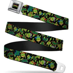 Classic TMNT Logo Full Color Seatbelt Belt - Classic TMNT/Bolts/Faces Black/Greens Webbing