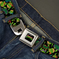 Classic TMNT Logo Full Color Seatbelt Belt - Classic TMNT/Bolts/Faces Black/Greens Webbing