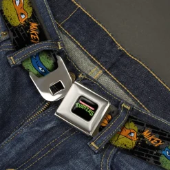Classic TMNT Logo Full Color Seatbelt Belt - Classic Teenage Mutant Ninja Turtles Faces/Names "Graffiti" Black/Gray/Multi Color Webbing