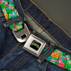 Classic TMNT Logo Full Color Seatbelt Belt - Classic TMNT Turtle Expressions/Pizza/Turtle Shell Buttons Stacked Webbing