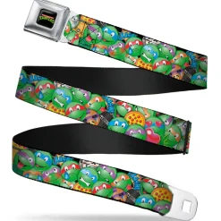 Classic TMNT Logo Full Color Seatbelt Belt - Classic TMNT Turtle Expressions/Pizza/Turtle Shell Buttons Stacked Webbing