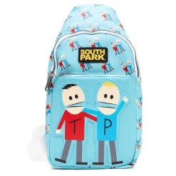 Comedy Central Vegan Leather Crossbody Sling Bag, South Park Terrance and Phillip Pose Applique, Blue, 7" x 14"