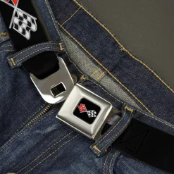 Corvette C3 Crossed Flags Logo Full Color Black Seatbelt Belt - C3 Webbing